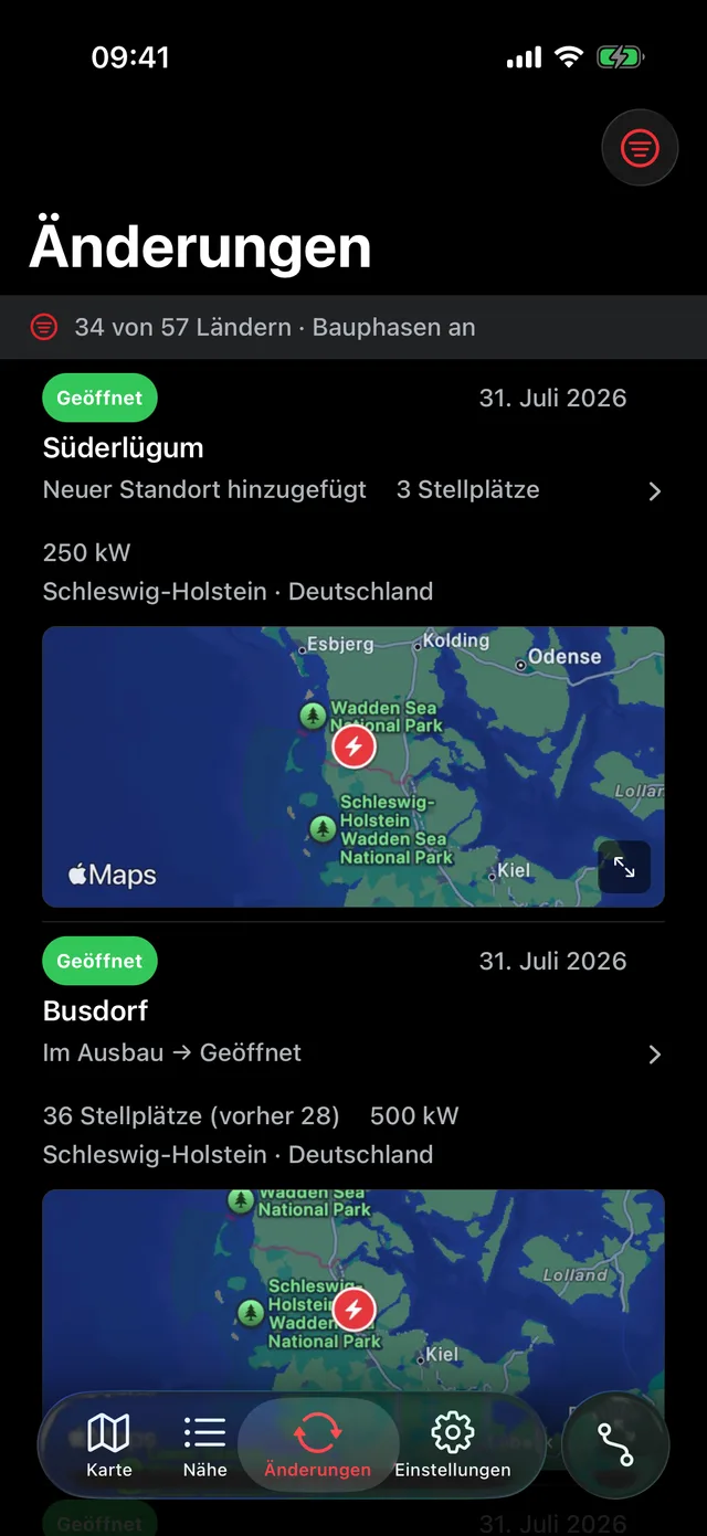 Eröffnungen, Schließungen und Upgrades, sobald sie passieren-Ansicht der App