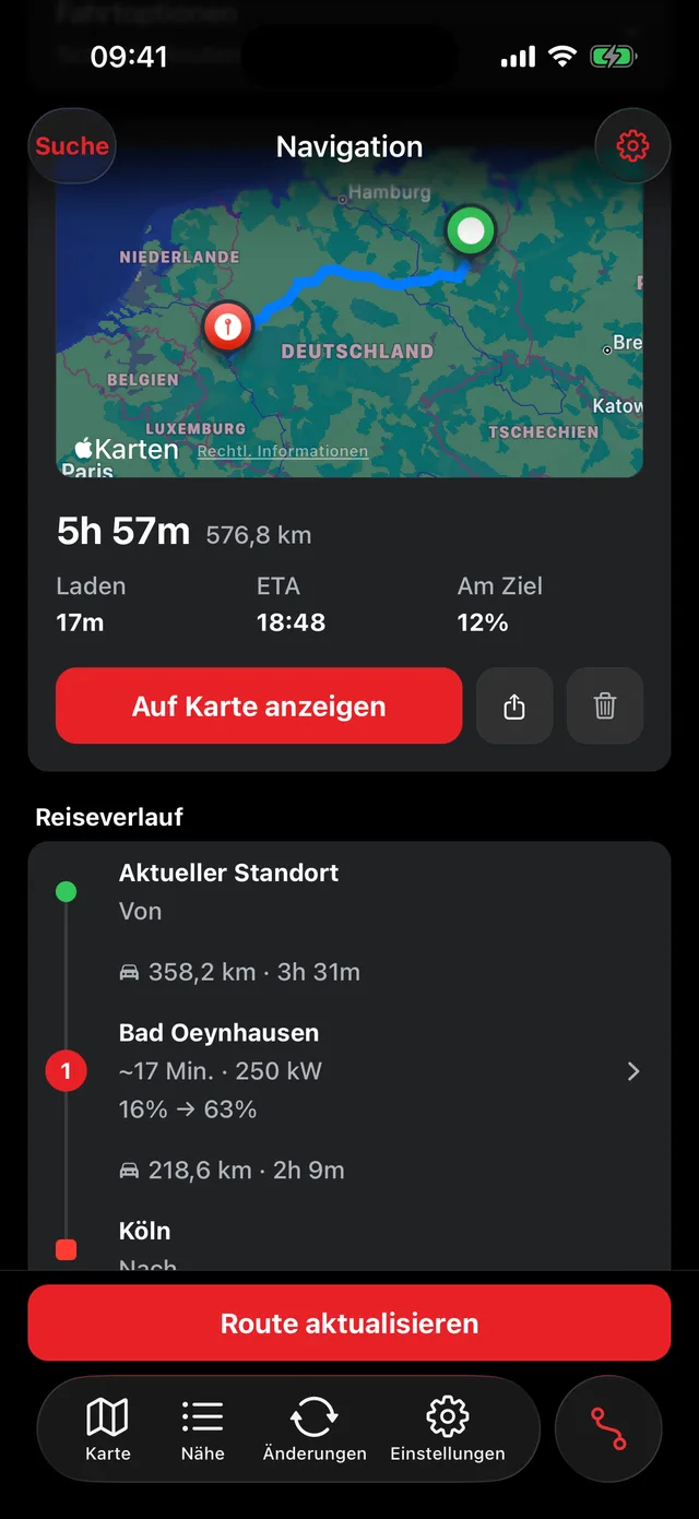 Ladestopps, geplant rund um deinen Akku-Ansicht der App