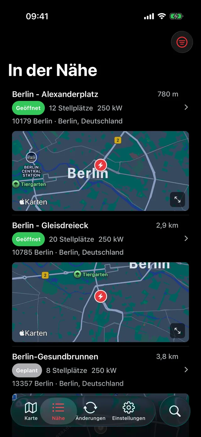 Supercharger in der Nähe, nach Entfernung sortiert-Ansicht der App