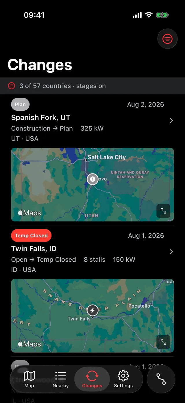 Openings, closures, and upgrades as they happen screen of the app