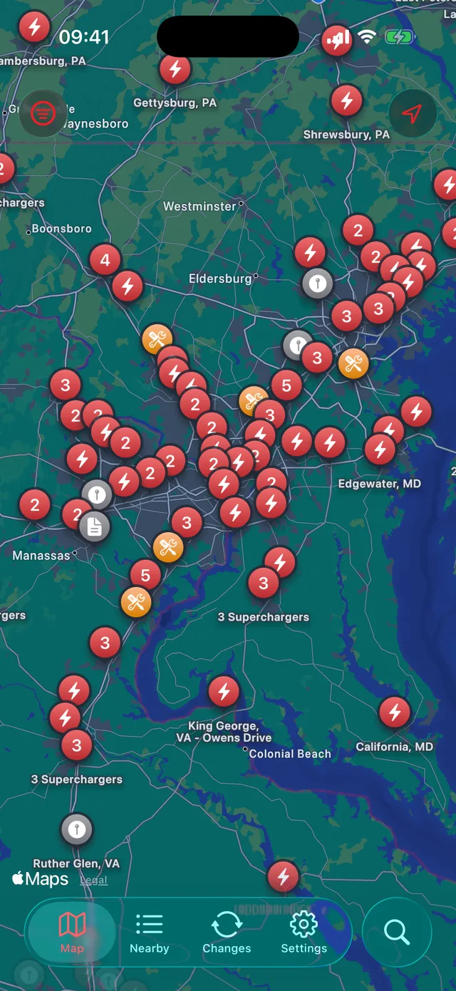 The Stallmap map view showing clustered Supercharger pins across a region