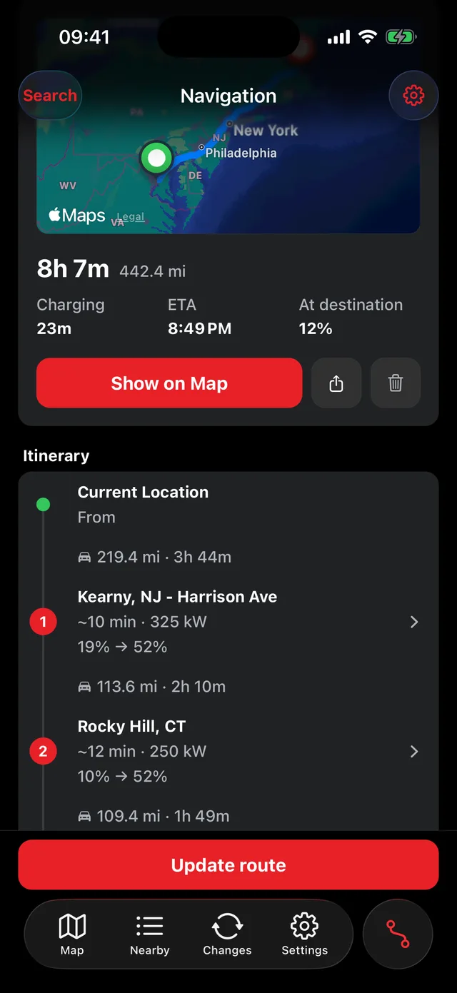 Charging stops planned around your battery screen of the app