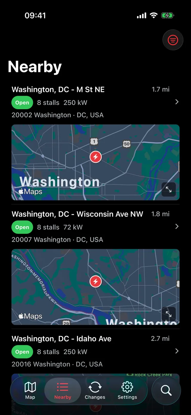 Nearby Superchargers, sorted by distance screen of the app